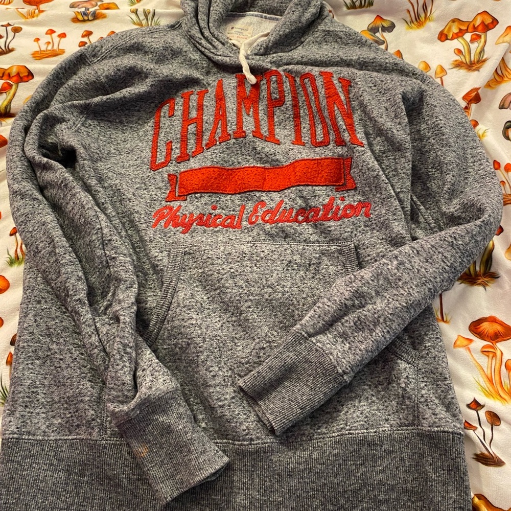 Champion Gray and Red Hooded Sweatshirt - VINTAGE